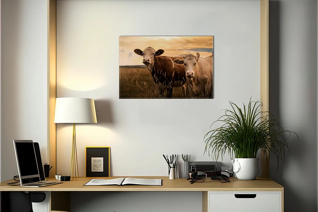 Kurkborden op canvas met koeien in een weiland bij zonsondergang – formaat 140 × 100 cm