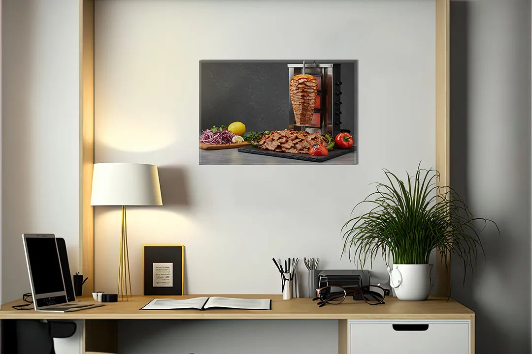 Kurkborden op canvas met shoarma schotel op donkere achtergrond – formaat 140 × 100 cm