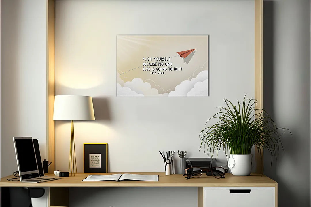 Kurkborden op canvas met motivatiequote met papieren vliegtuig – formaat 140 × 100 cm