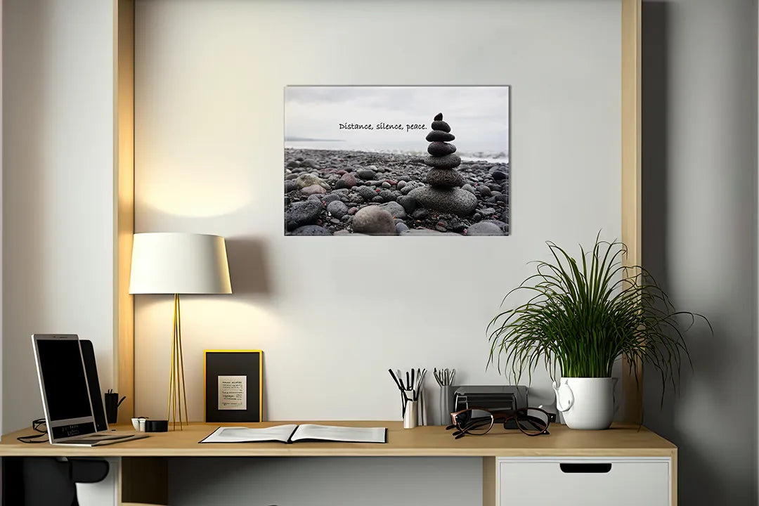 Kurkborden op canvas met zenstenen met quote over afstand en stilte – formaat 140 × 100 cm