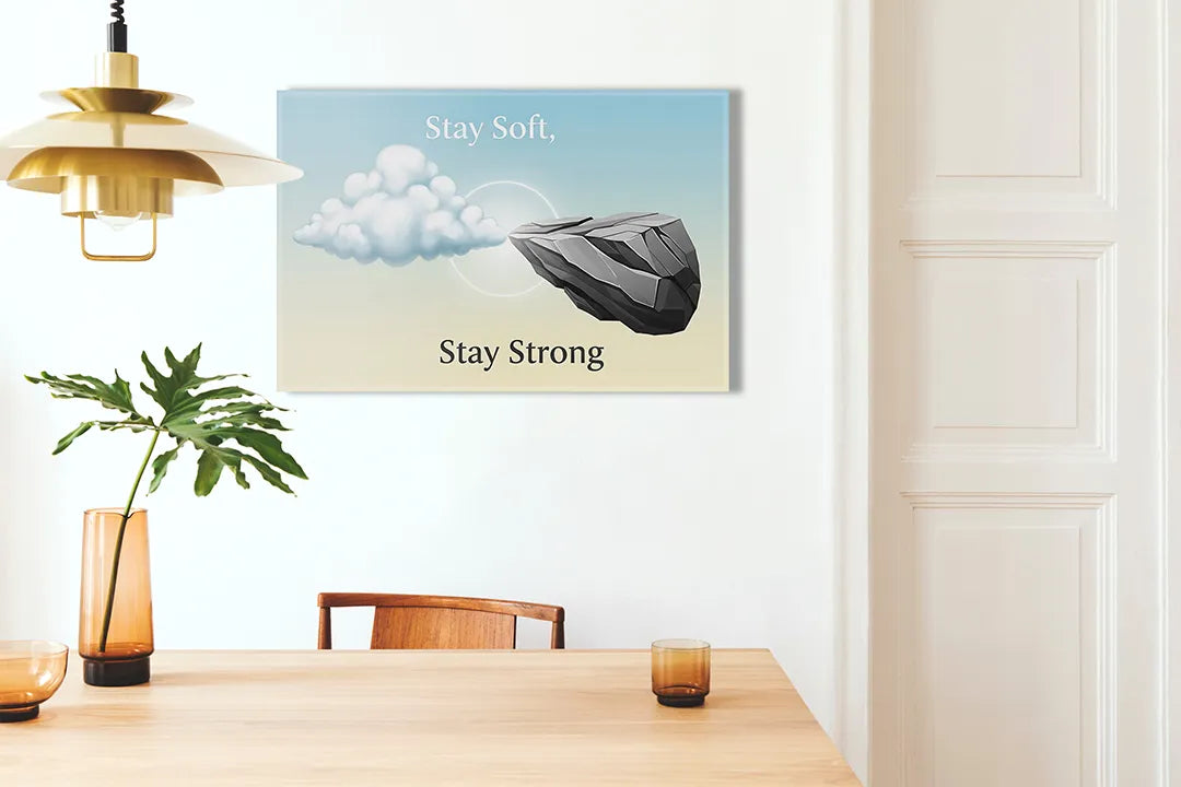 Kurkborden op canvas met quote blijf zacht en sterk – formaat 100 × 70 cm