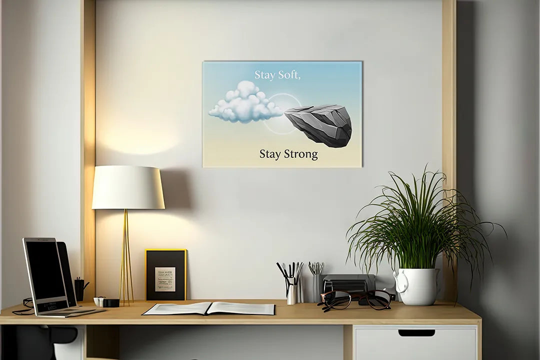 Kurkborden op canvas met quote blijf zacht en sterk – formaat 140 × 100 cm