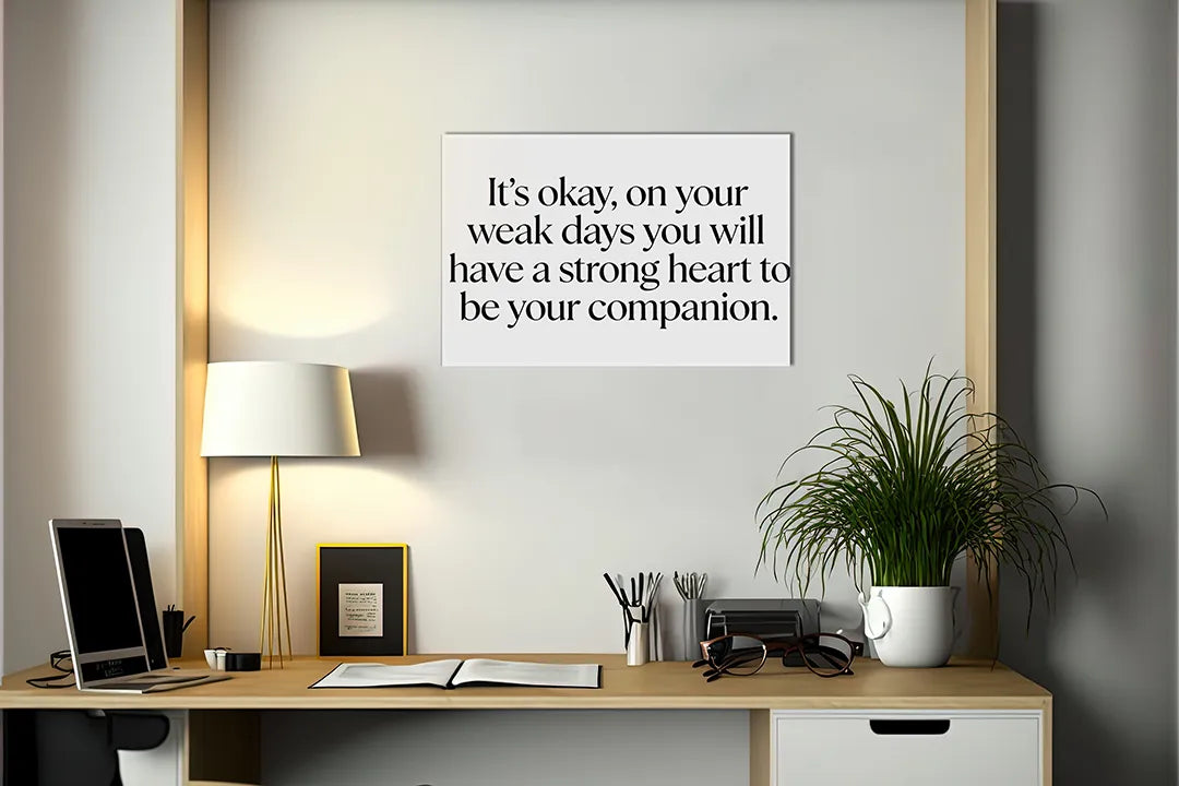 Kurkborden op canvas met quote over een sterk hart op zwakke dagen – formaat 140 × 100 cm