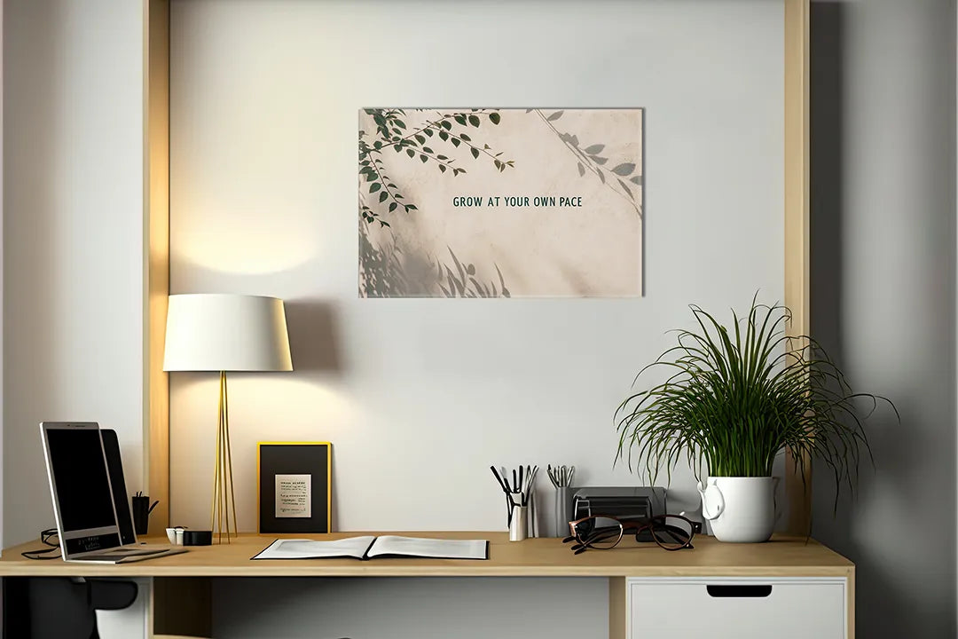 Kurkborden op canvas met groei in je eigen tempo botanische quote – formaat 140 × 100 cm