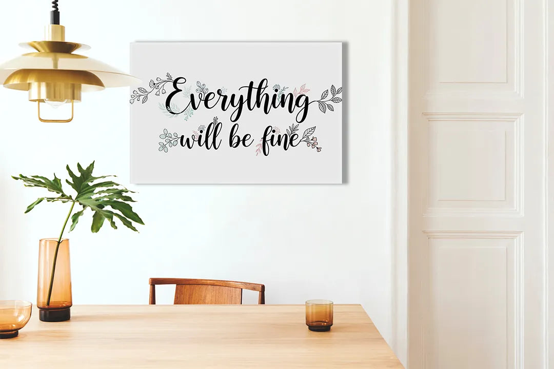 Kurkborden op canvas met everything will be fine typografie – formaat 100 × 70 cm