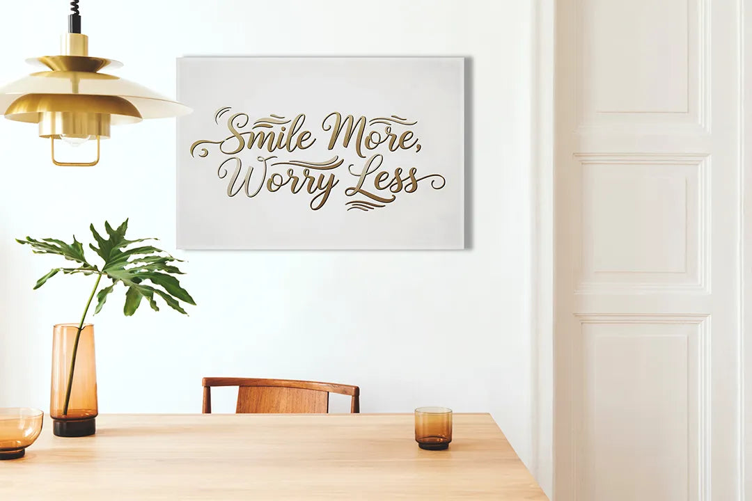 Kurkborden op canvas met smile more worry less kalligrafie – formaat 100 × 70 cm