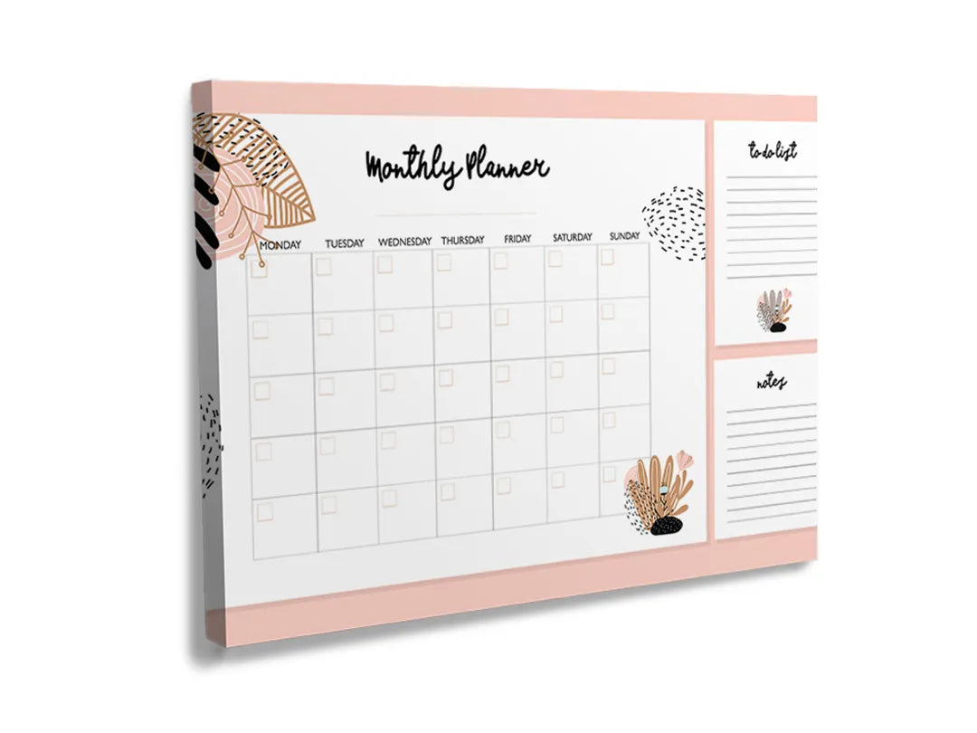 Kurkborden op canvas met roze maandplanner met notitievakken – formaat 120 × 80 cm