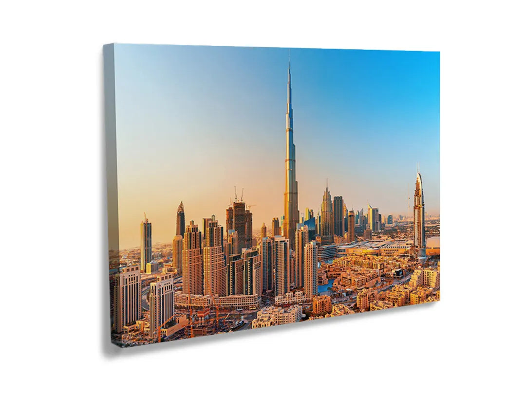 Kurkborden op canvas met skyline van dubai met burj khalifa – formaat 120 × 80 cm