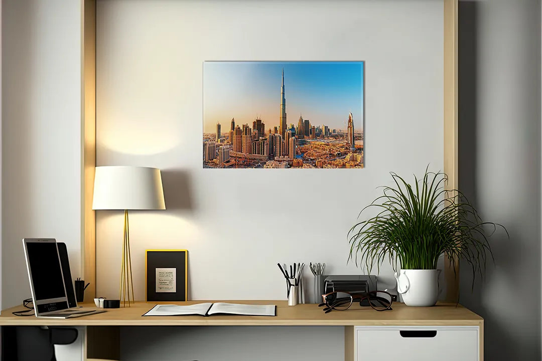 Kurkborden op canvas met skyline van dubai met burj khalifa – formaat 140 × 100 cm