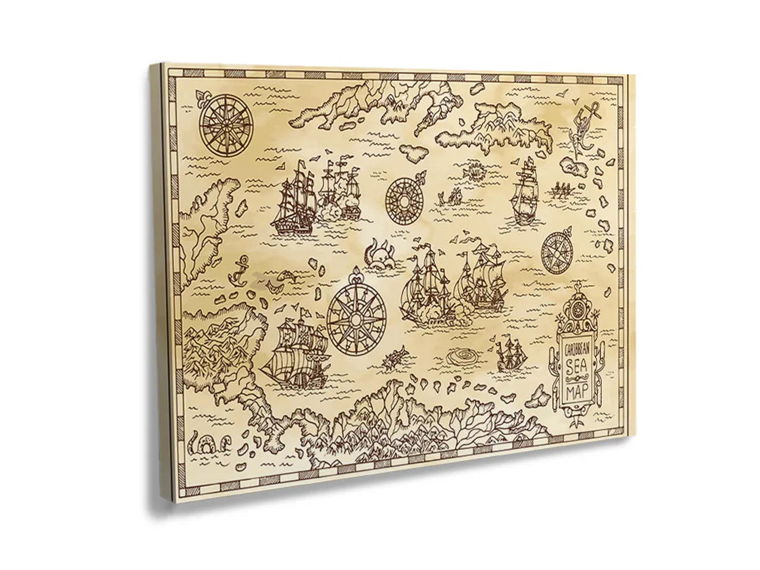 Kurkborden op canvas met antieke nautische wereldkaart – formaat 120 × 80 cm