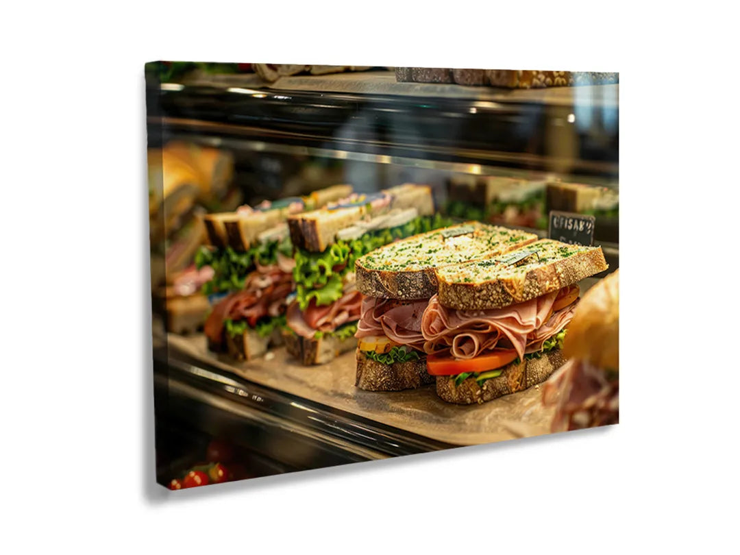 Kurkborden op canvas met broodjes en snacks in vitrine – formaat 120 × 80 cm
