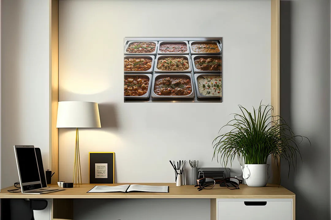 Kurkborden op canvas met maaltijdbakken met diverse gerechten – formaat 140 × 100 cm