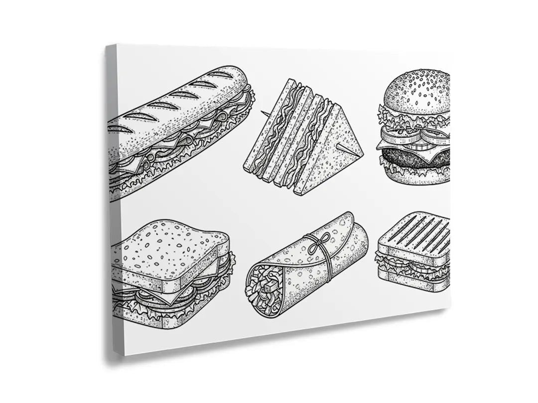 Kurkborden op canvas met zwart-wit fastfood illustraties – formaat 120 × 80 cm