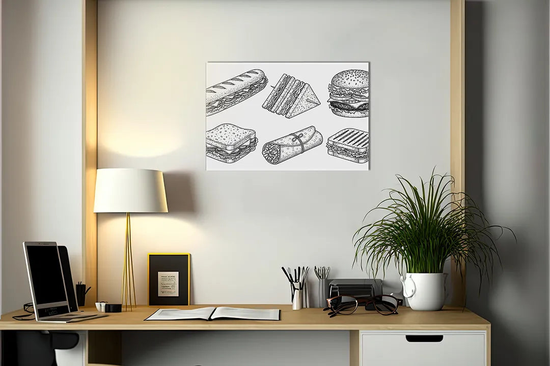 Kurkborden op canvas met zwart-wit fastfood illustraties – formaat 140 × 100 cm