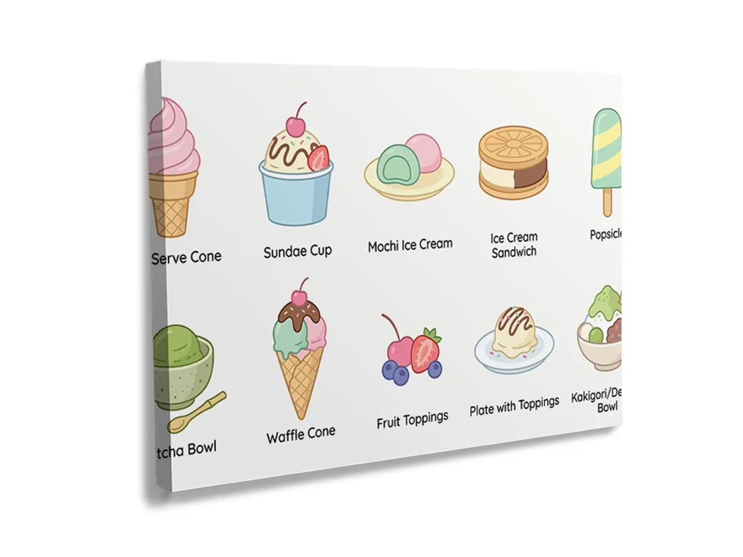 Kurkborden op canvas met kleurrijke dessertillustraties – formaat 120 × 80 cm