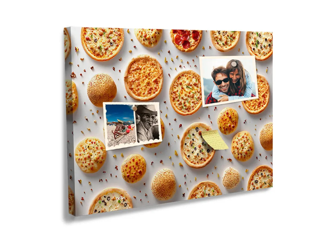 Kurkborden op canvas met patroon van kleine pizza's – formaat 60 × 40 cm