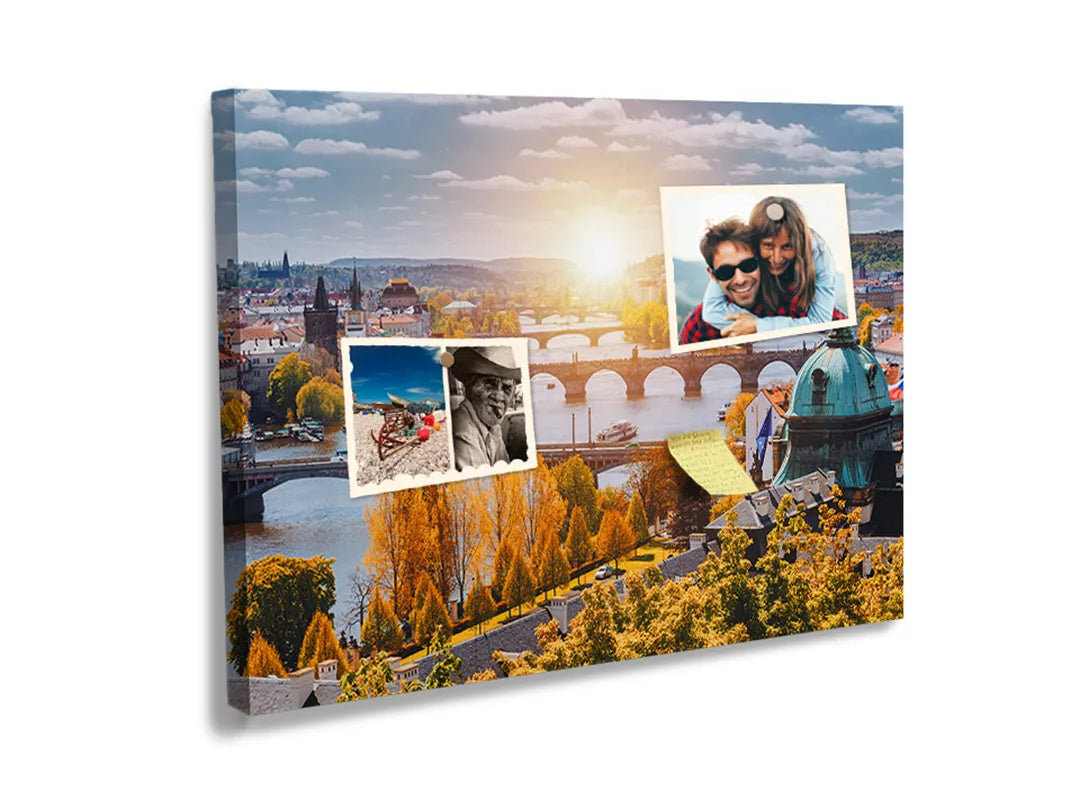 Kurkborden op canvas met panorama van praag bij zonsondergang – formaat 60 × 40 cm