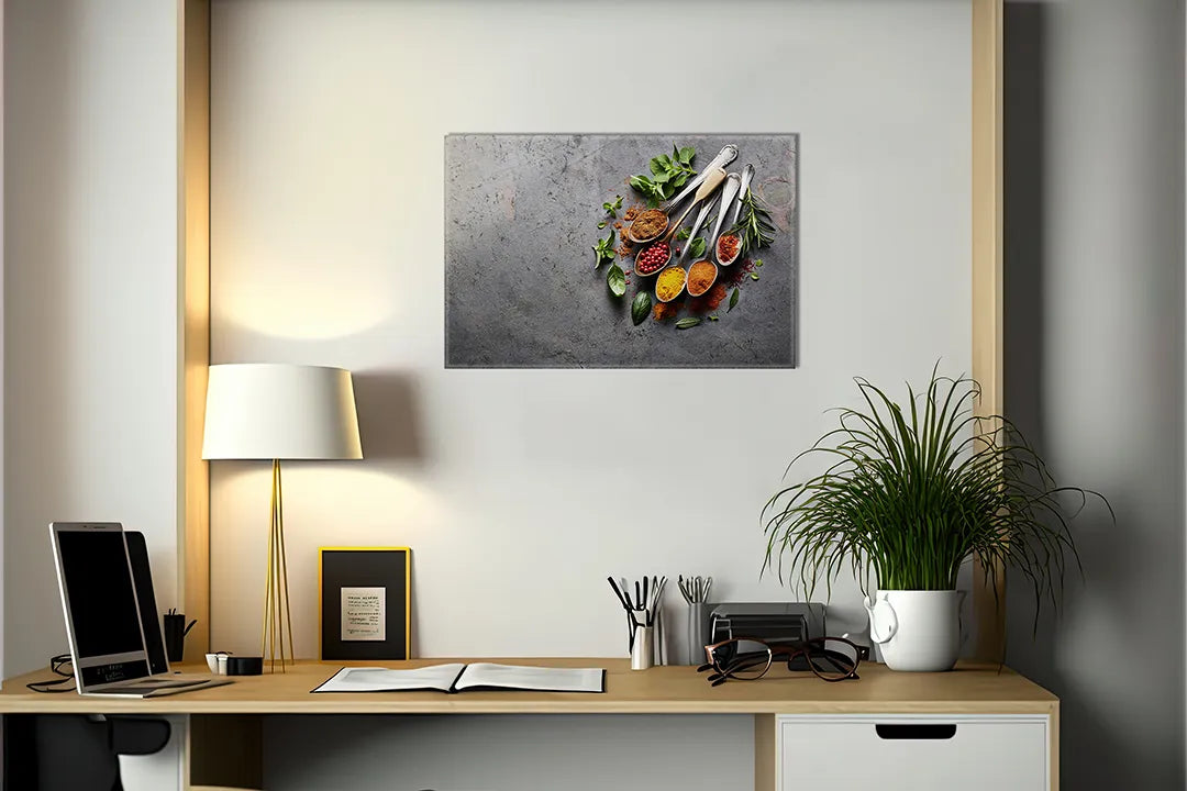 Kurkborden op canvas met verse kruiden en specerijen op steen – formaat 140 × 100 cm