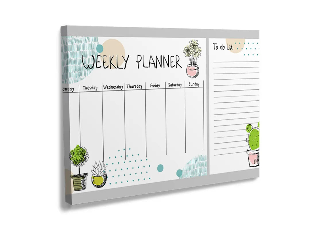 Kurkborden op canvas met weekplanner met cactusillustraties – formaat 120 × 80 cm