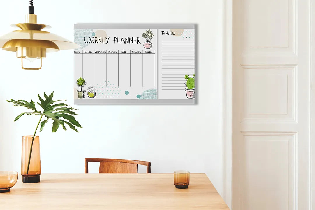 Kurkborden op canvas met weekplanner met cactusillustraties – formaat 100 × 70 cm