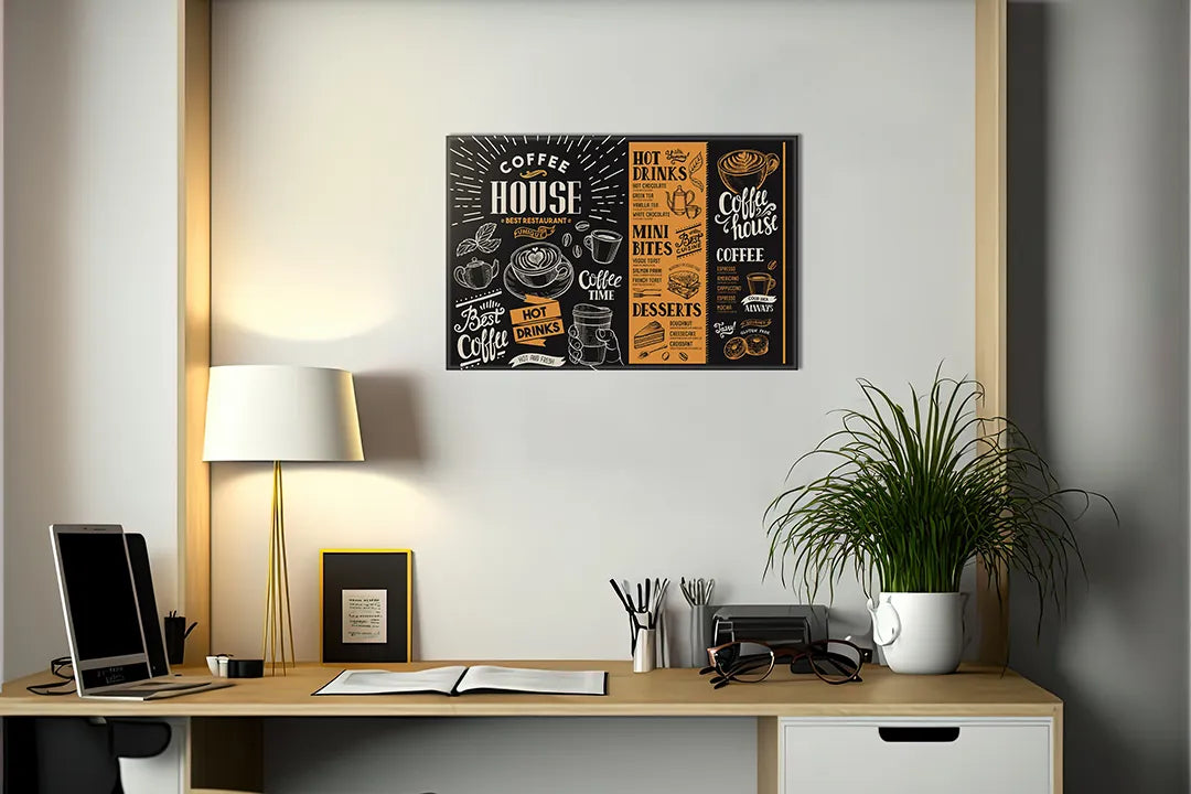 Kurkborden op canvas met retro koffiehuis typografie – formaat 140 × 100 cm