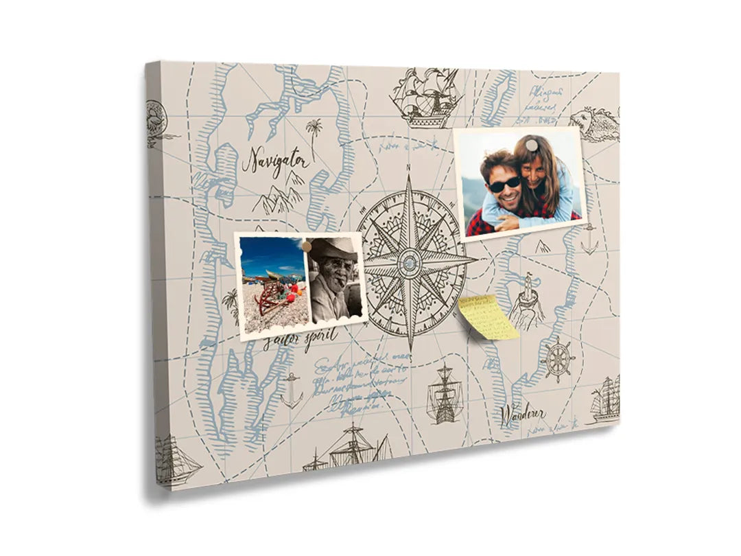 Kurkborden op canvas met vintage nautische kaart met kompas – formaat 60 × 40 cm