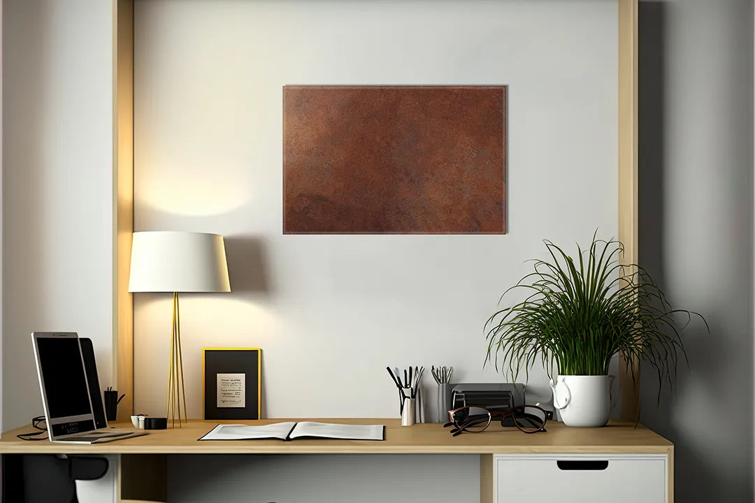 Kurkborden op canvas met roestkleurige metaalstructuur – formaat 140 × 100 cm