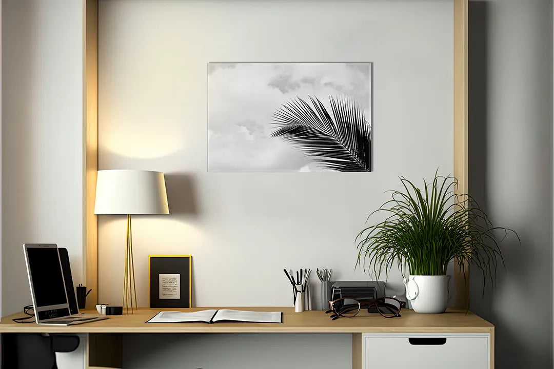 Kurkborden op canvas met zwart-wit palmblad – formaat 140 × 100 cm