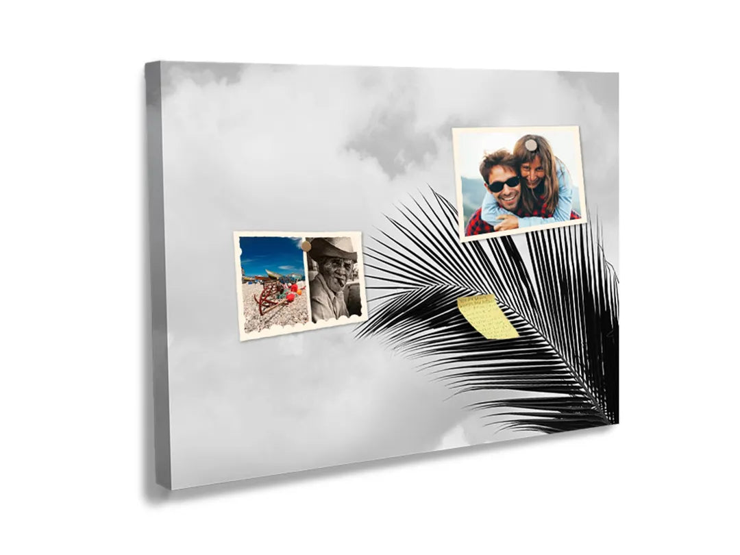 Kurkborden op canvas met zwart-wit palmblad – formaat 60 × 40 cm