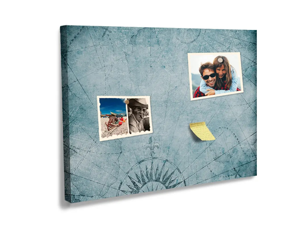 Kurkborden op canvas met blauw vintage kompaspatroon – formaat 60 × 40 cm