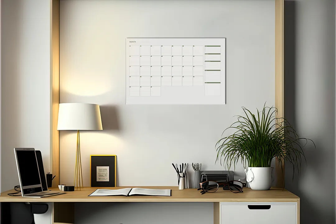 Kurkborden op canvas met minimalistische maandplanner met zijbalk – formaat 140 × 100 cm