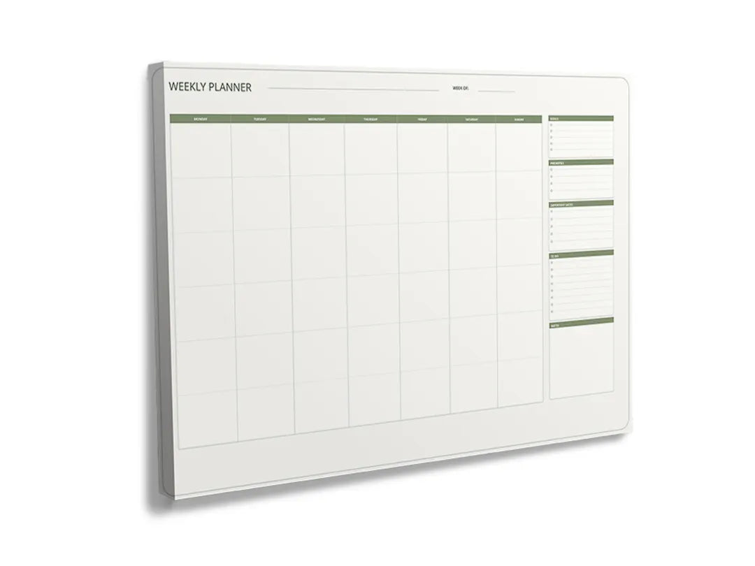 Kurkborden op canvas met strakke jaarplanner met groene lijnen – formaat 120 × 80 cm