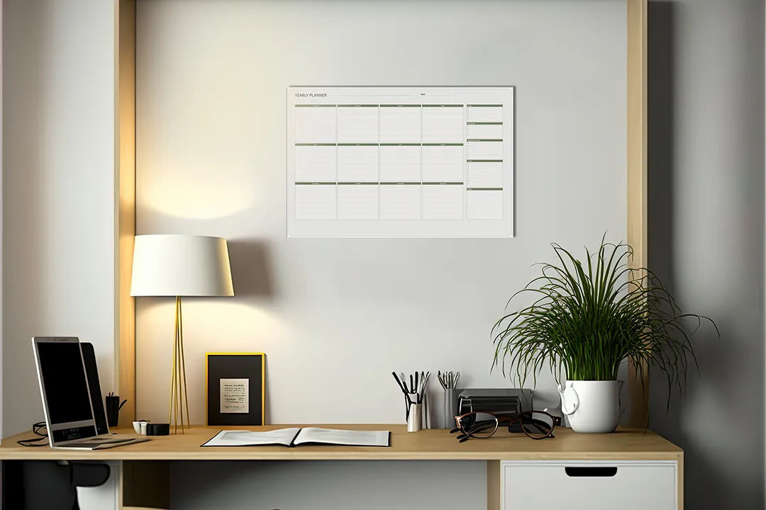 Kurkborden op canvas met jaarplanner met brede notitiekolom – formaat 140 × 100 cm