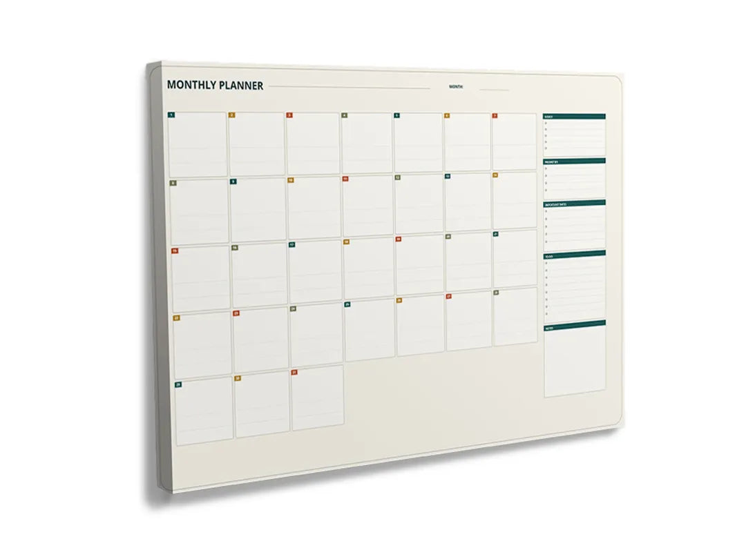 Kurkborden op canvas met maandplanner met subtiele kleuraccenten – formaat 120 × 80 cm