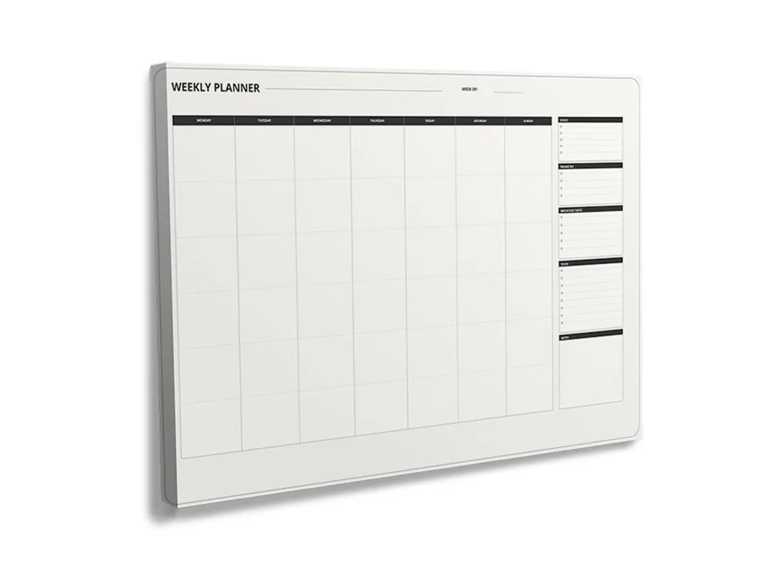 Kurkborden op canvas met strakke jaarplanner in zwart-wit – formaat 120 × 80 cm