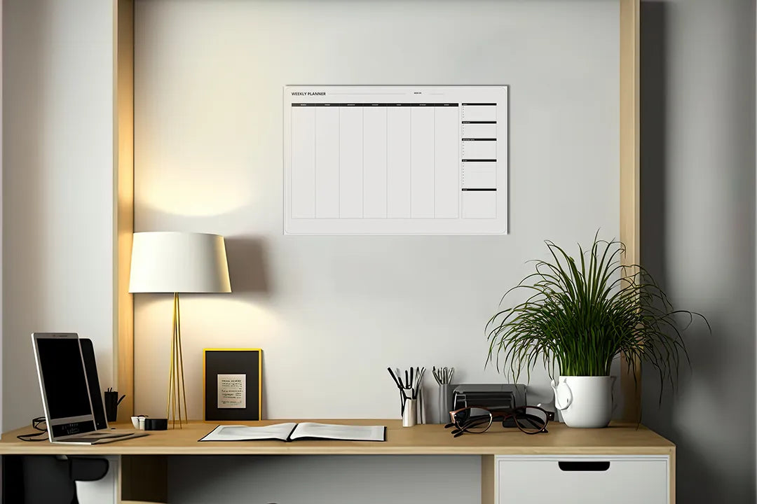 Kurkborden op canvas met strakke jaarplanner in zwart-wit – formaat 140 × 100 cm