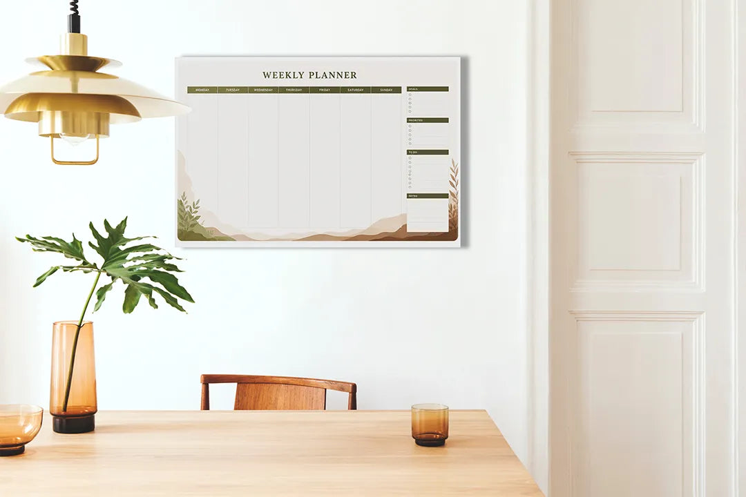 Kurkborden op canvas met weekplanner met botanische hoek – formaat 100 × 70 cm