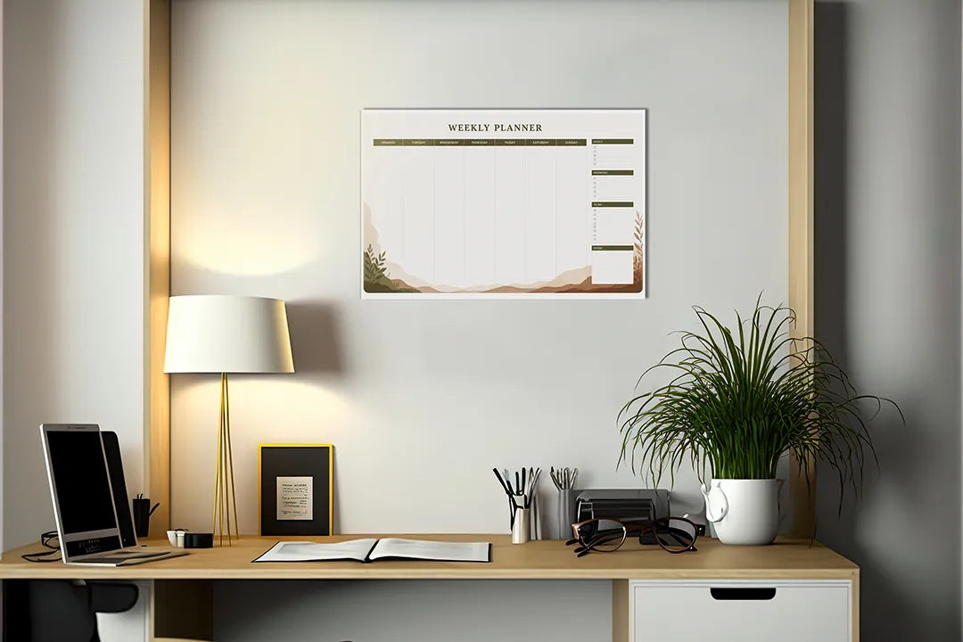 Kurkborden op canvas met weekplanner met botanische hoek – formaat 140 × 100 cm