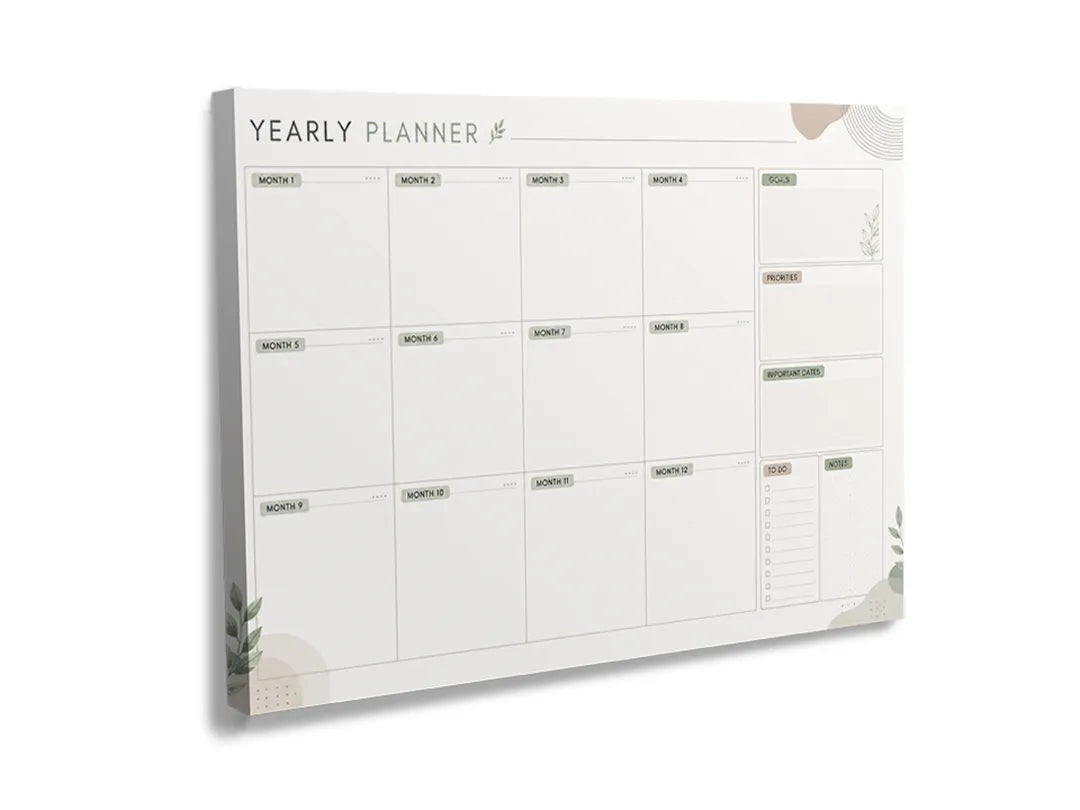 Kurkborden op canvas met jaarplanner in zacht groen – formaat 120 × 80 cm