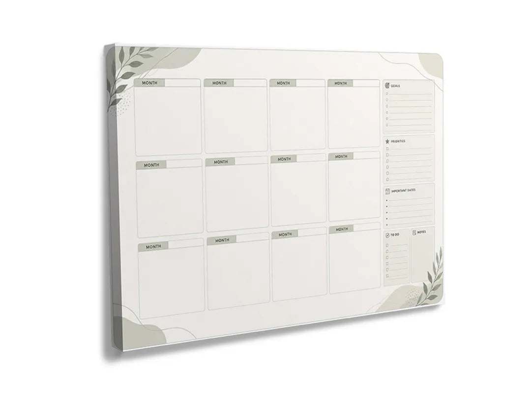Kurkborden op canvas met maandplanner met botanische hoeken – formaat 120 × 80 cm