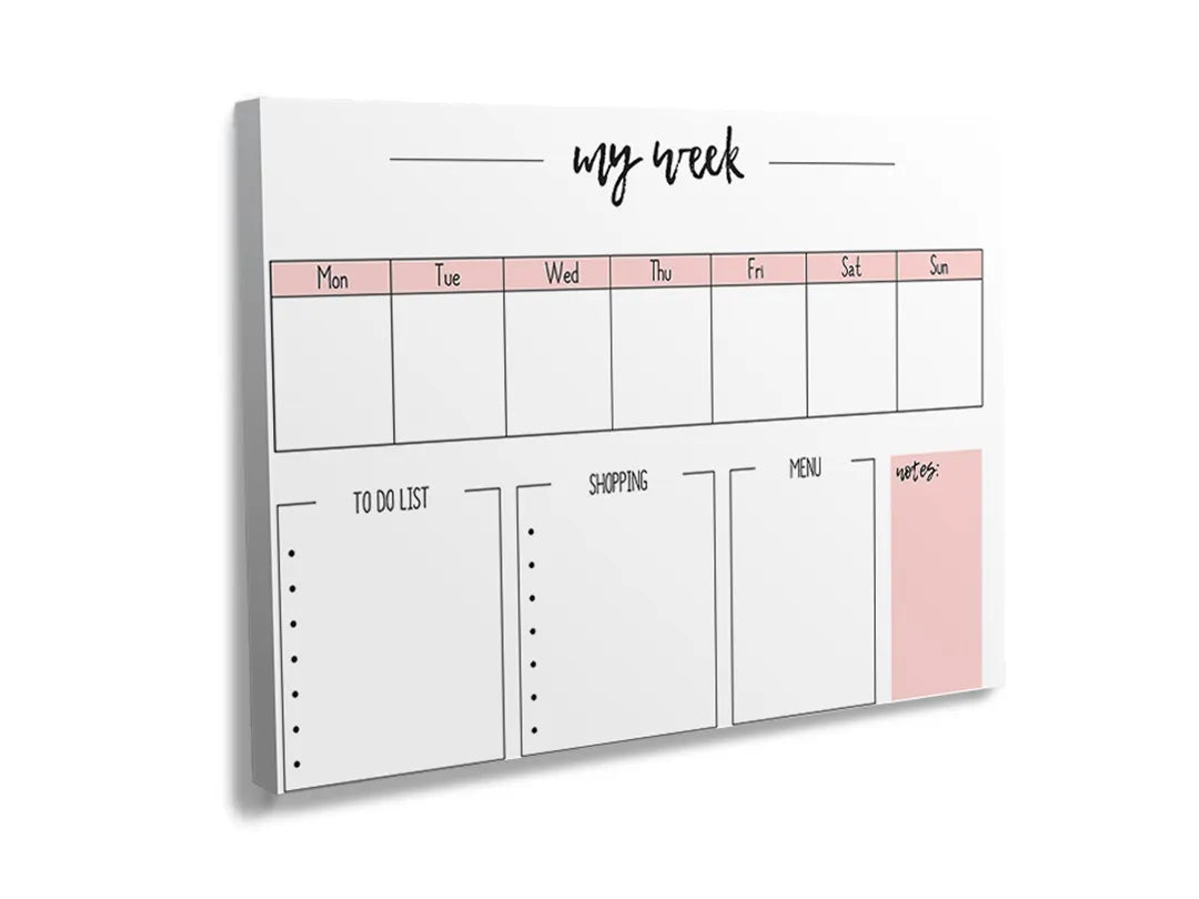 Kurkborden op canvas met roze weekplanner met notitievakken – formaat 120 × 80 cm