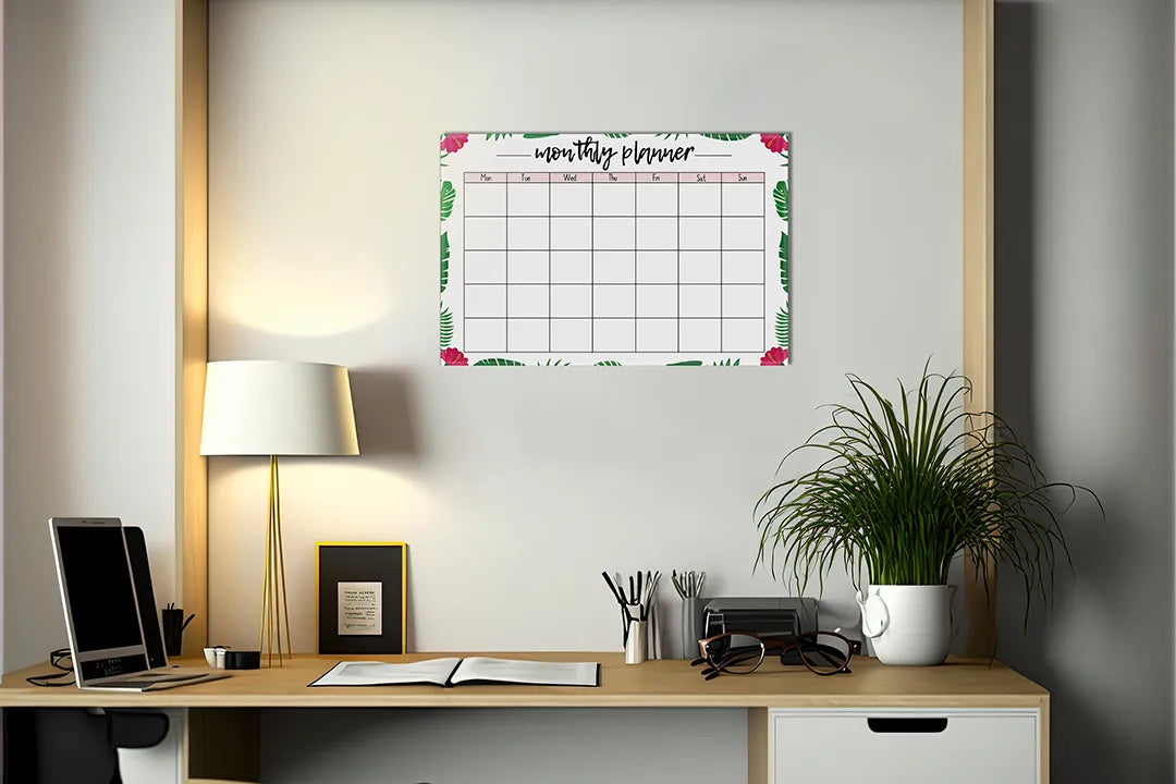 Kurkborden op canvas met botanische maandplanner – formaat 140 × 100 cm