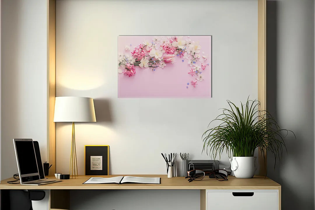 Kurkborden op canvas met roze bloemen op zachte achtergrond – formaat 140 × 100 cm