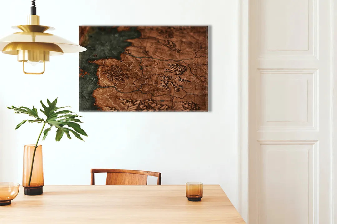 Kurkborden op canvas met bruine antieke landkaartstructuur – formaat 100 × 70 cm