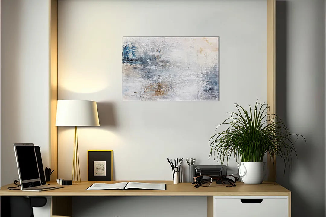 Kurkborden op canvas met licht abstract schilderij in blauw en beige – formaat 140 × 100 cm