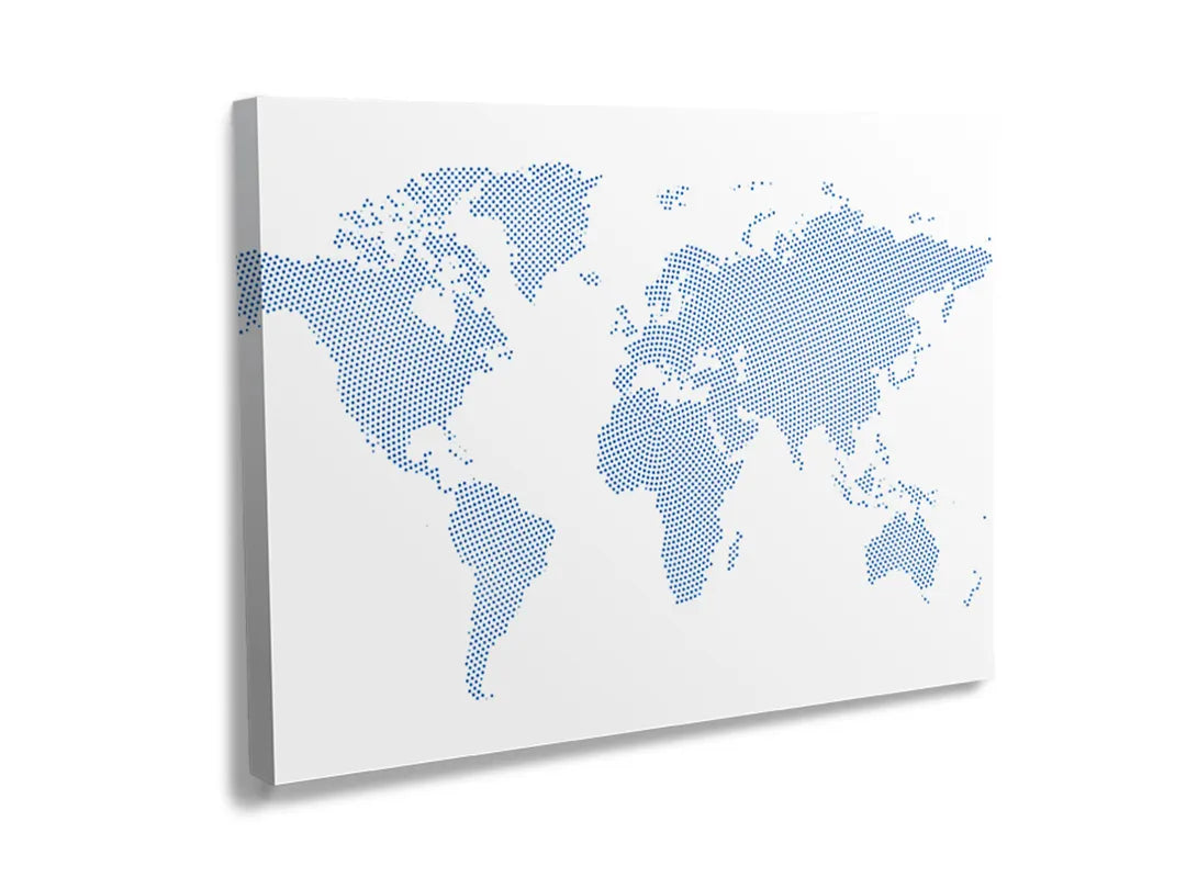 Kurkborden op canvas met minimalistische lichtblauwe wereldkaart – formaat 120 × 80 cm