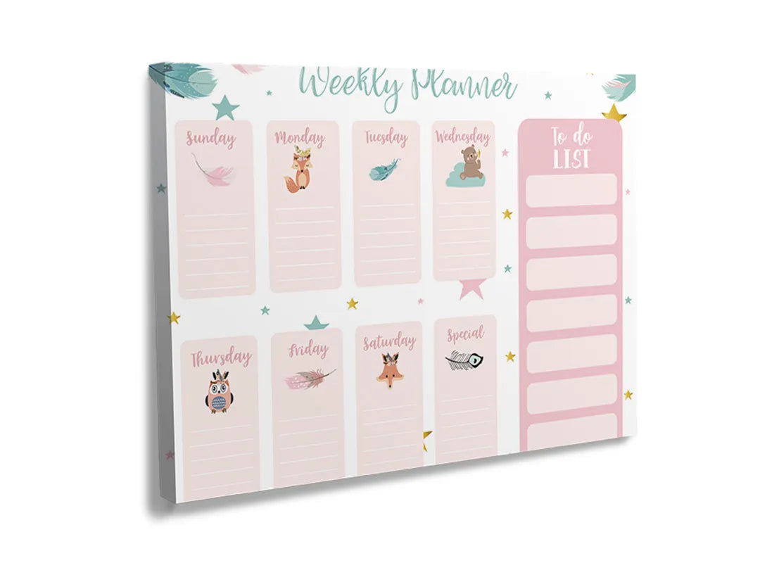 Kurkborden op canvas met pastel weekplanner met dierenillustraties – formaat 120 × 80 cm