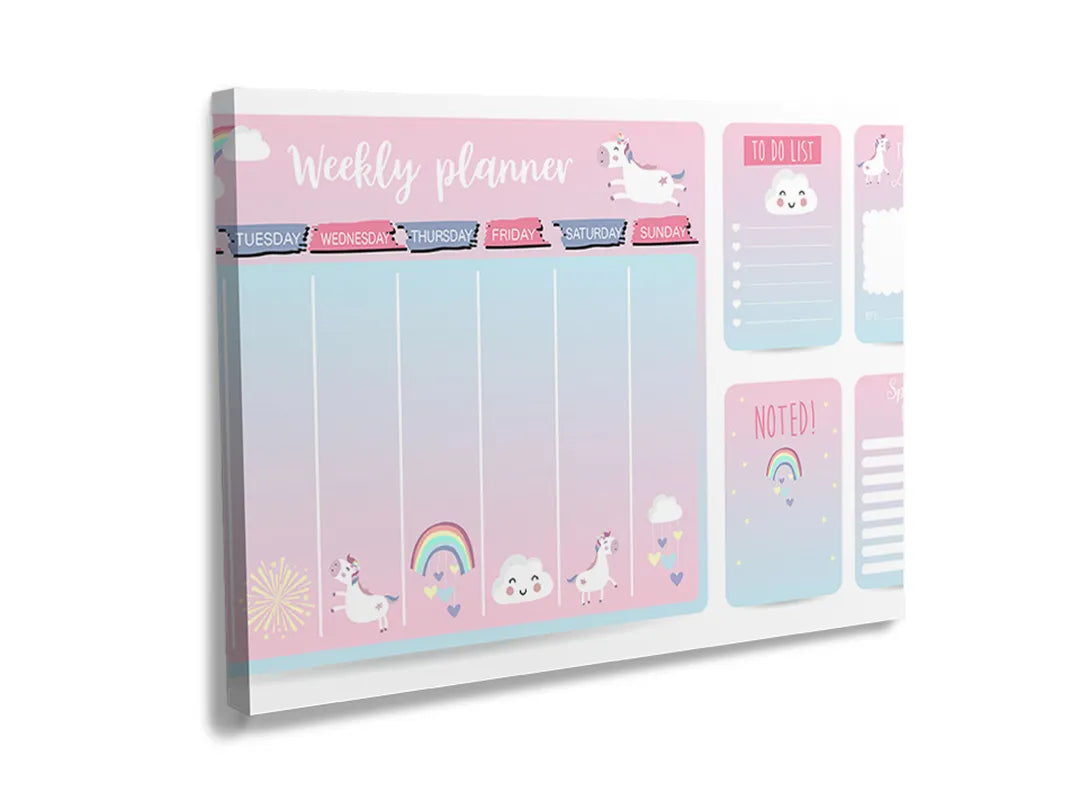 Kurkborden op canvas met roze en blauwe weekplanner – formaat 120 × 80 cm