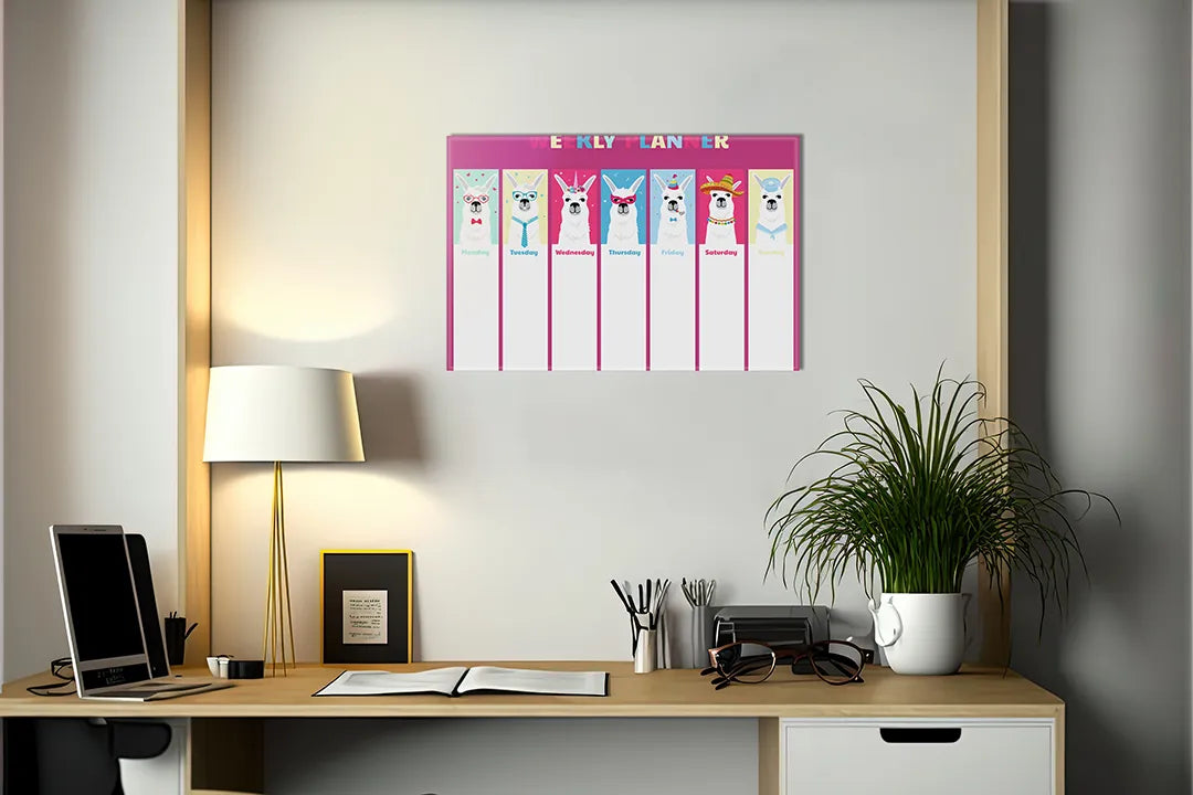 Kurkborden op canvas met roze weekplanner met lama's – formaat 140 × 100 cm