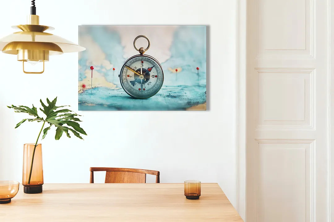 Kurkborden op canvas met vintage kompas op aquarelkaart – formaat 100 × 70 cm